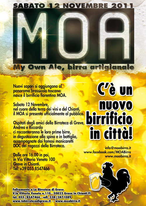 Locandina presentazione del birrificio MOA alla Birroteca di Greve in Chianti (12 novembre 2011)