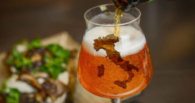 Bicchiere decorato con forma dell'Italia e collo di bottiglia che versa birra artigianale