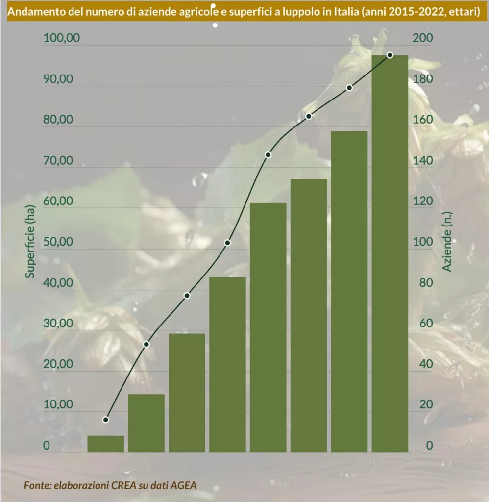 Andamento del numero di aziende agricole e superfici a luppolo in Italia (anni 2015-2022, ettari)
